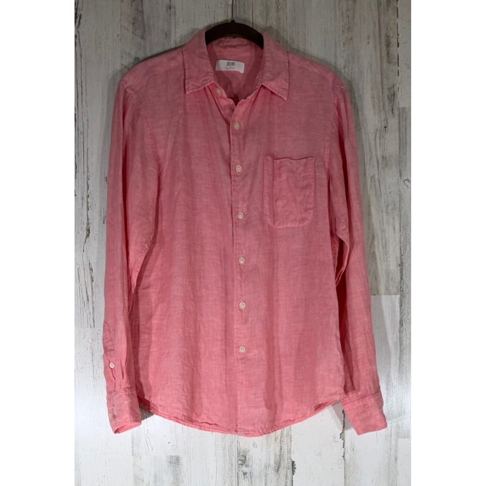 Uniqlo Mens Button Up Shirt Small Pink 100% Linen Preppy Business Office Beach